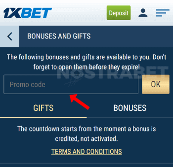 1xbet promo code enter field in account profile