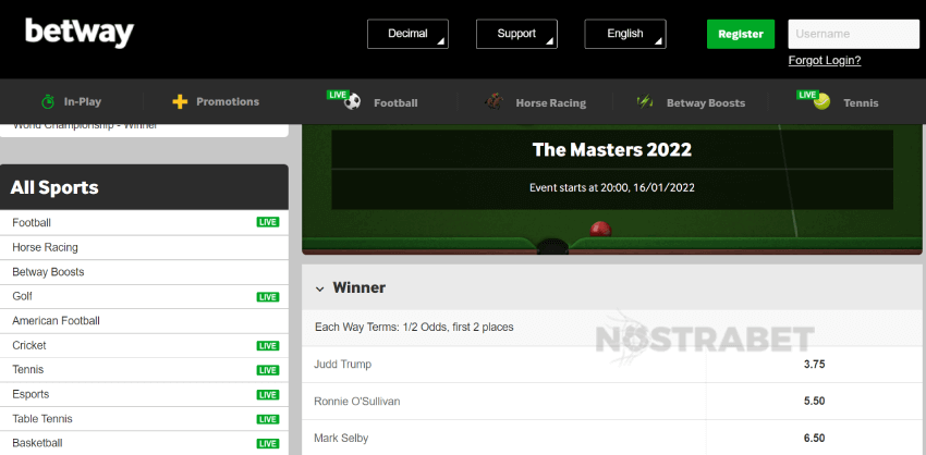 betway masters snooker betting