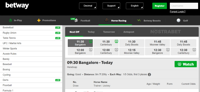 horse races markets at betway