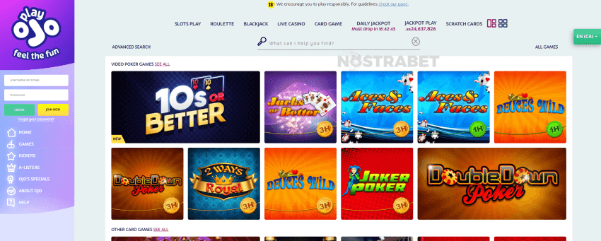 PlayOJO Casino card games