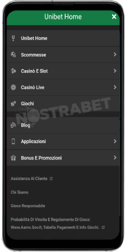 menu dell'app Android unibet